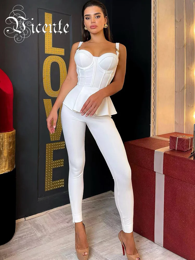 

VC Elegant Ruffle Spaghetti Strap Top Pant Suit Woman Sexy Bodycon Bandage Tight Two Pieces Set Party Wear