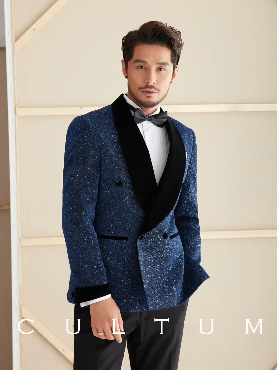 Men's Shawl Lapel Blazer Shiny Yarn Double-Breasted Suit Jacket
