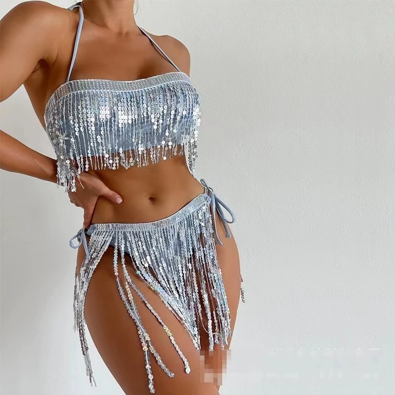 

Bar Nightclub Female DJ Disc Dance Troupe Stage Performance Dress Miss Auto Show Sexy Shining Tassel Tie Bikini Set