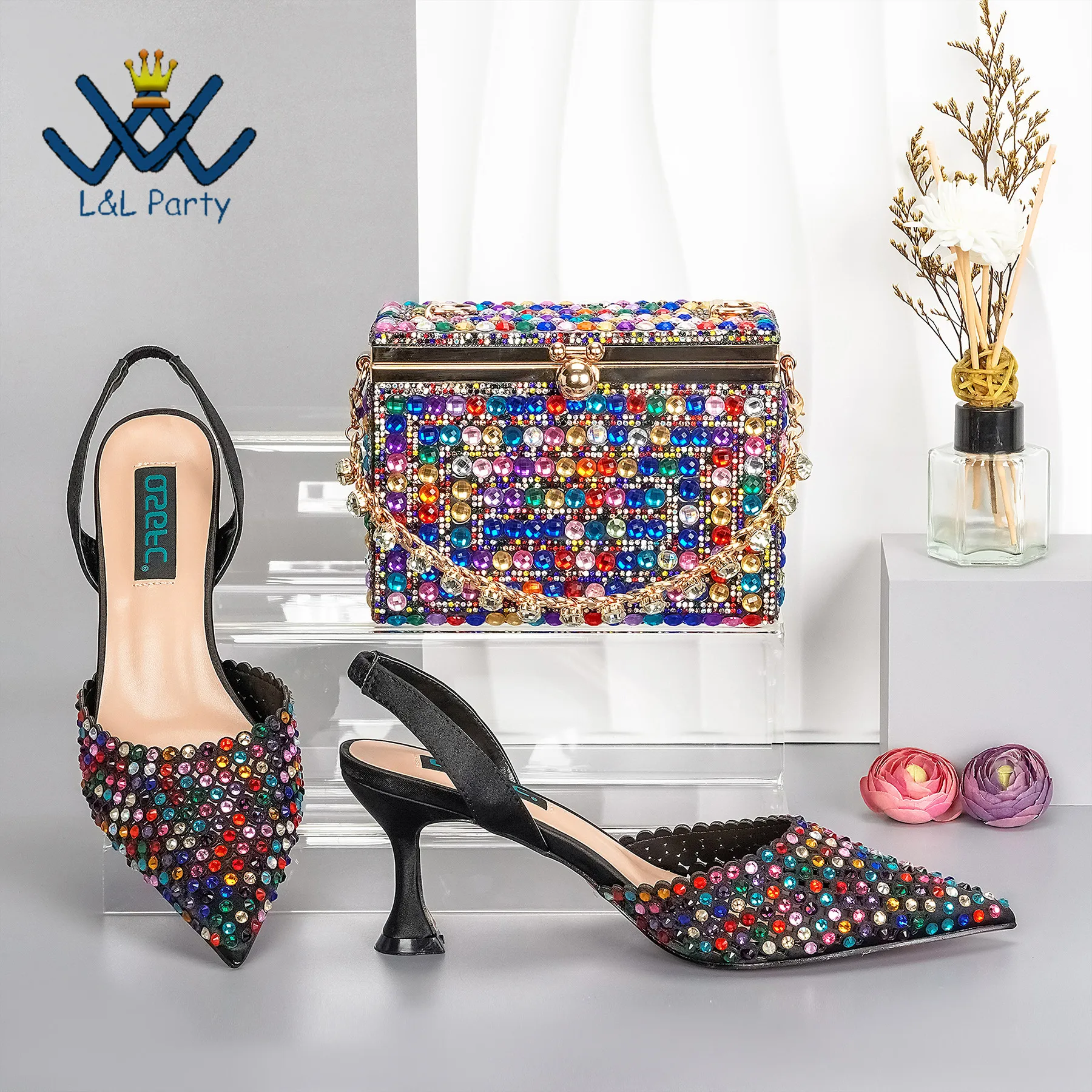 Navy Blue Color 2024 Autumn New Coming Hot Sale Sweet Ladies Shoes and Bag Set Party Pumps with Shinning Crystal for Wedding