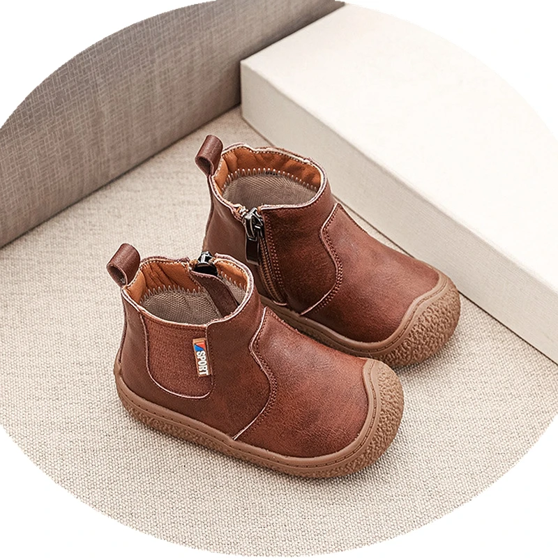 New Kids Girls Ankle Boots Solid Brown Beige Toddler Women Spirng Autumn Boots Soft Sole Little Princess Boys Zip