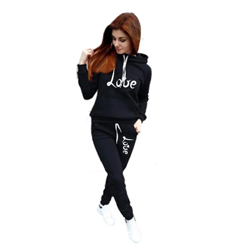 NEW Women Fashion love prints 2 Piece Set Tracksuit Set Printed Sport Suit Autumn/winter Hoodie + Trousers Set Jogging Suit