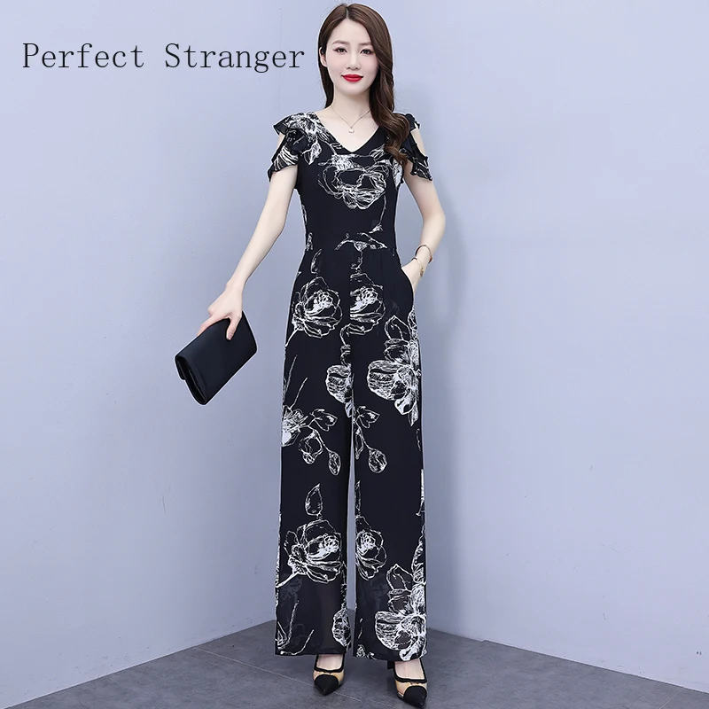 

Women 2023 Summer New Bodysuits Elegance Casual Jumpsuits V-neck Print High Waist Wide Leg Pants Ladies Playsuit Rompers
