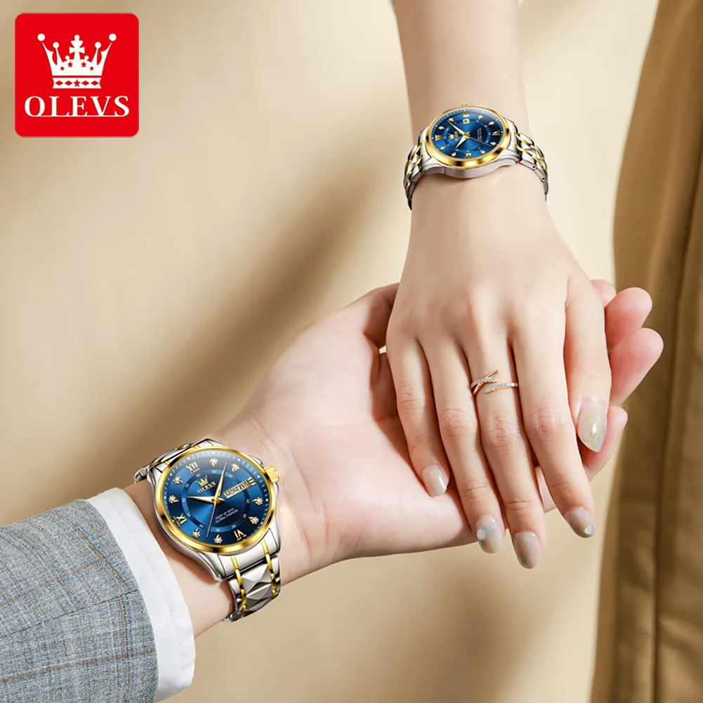 OLEVS New Quartz Watches for Couple Diamond Shaped Steel Strap Design Luxury Fashion Classic Wristwatch Women Men Lover's Gifts