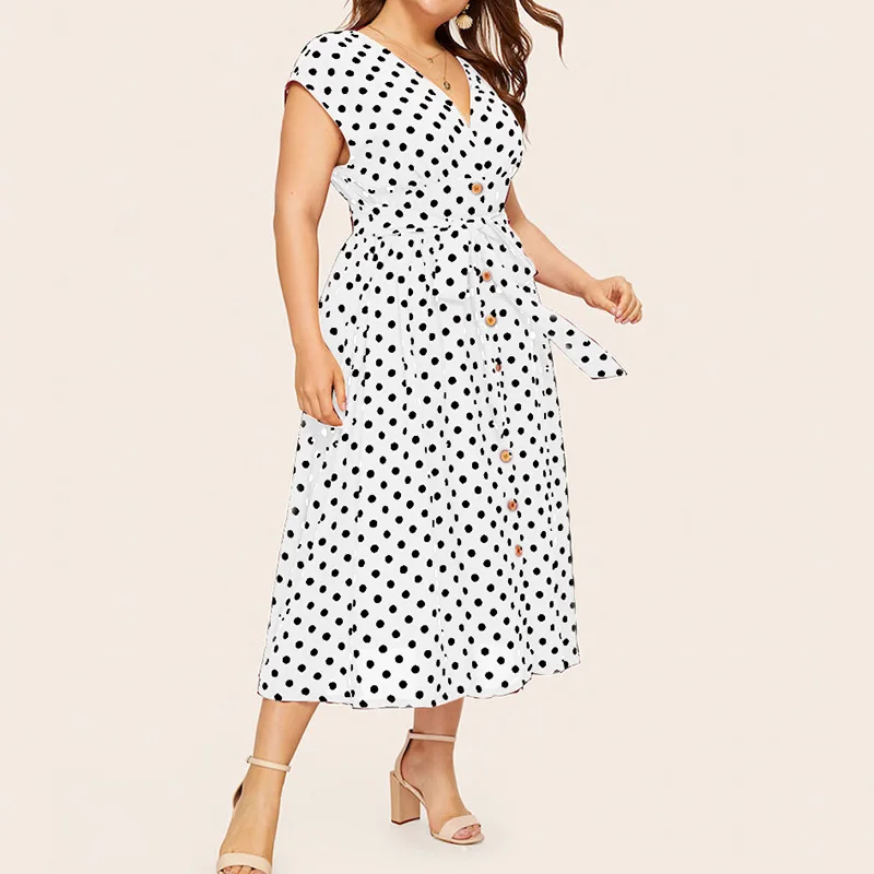 Bohemian V-Neck Polka Dot Patchwork Button Short Sleeve Female Summer Casual Vacation Crimping Lacing Waist Long Dress Plus Size