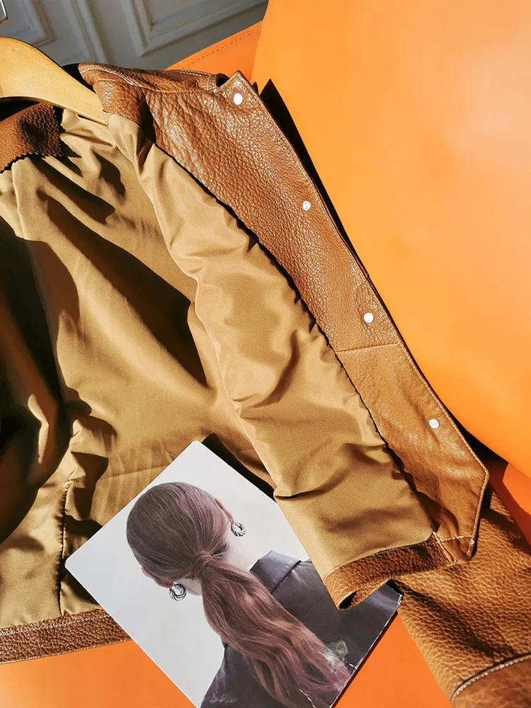 Women's Lapel Leather Coat, Short Genuine Leather Jacket, Sheep Skin Outerwear, Spring and Autumn