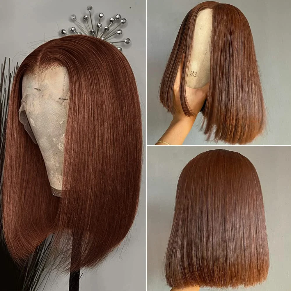 Brown Bob Wigs 13x4 Lace Frontal Wigs Chocolate Color Brazilian Lace Frontal Human Hair Wig Pre Plucked Straight Bob Wigs 16Inch