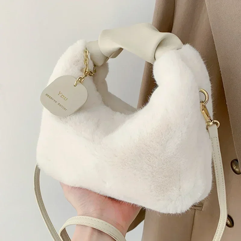 Women Faux Fur Plush Handbags Ruched Handle Small Lady