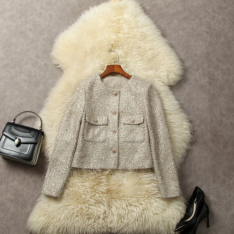

European and American women's dress 2023 winter new Round neck Long sleeve single breasted sequins fashion The tweed jacket