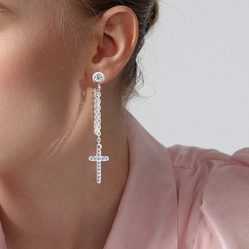 OEVAS 3mm Round Moissanite Diamond Cross-shaped Earrings for Women S925 Sterling Silver Earrings Wedding Party Fine Jewelry