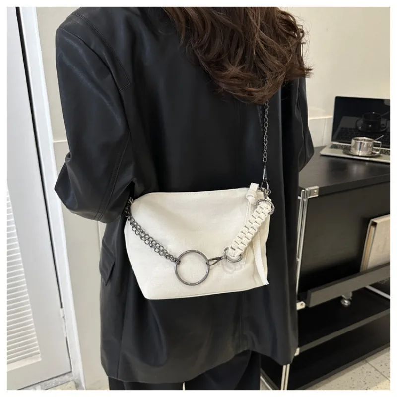 Simple Canvas Crossbody Bag New Solid Color Large Capacity Shoulder Bag Casual Chain Trendy Fashion Lightweight Shoulder Bag
