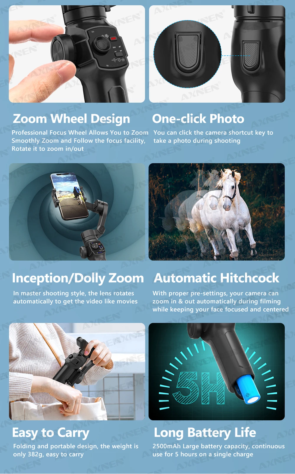 Description Picture 5 of itemAXNEN HQ4 Photography Follow Focus 3-Axis Handheld Gimbal Phone Stabilizer with AI Tracker Fill Light Extension Rod for Mobile