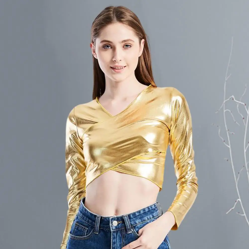 

Women Long Sleeve Top V Neck Faux Leather Pullover Blouse for Women Short Waist-exposed Long Sleeve Club Top with Slim for Dance