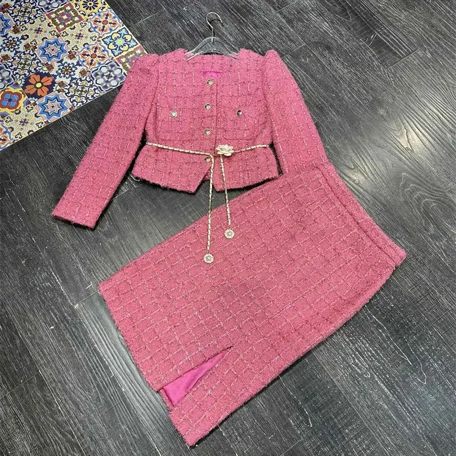 Two-Piece Set for Women Cropped Tweed Coat+Split Half Skirt Elegant Female Slim Fitting Suit Casual and Trendy Spring 5