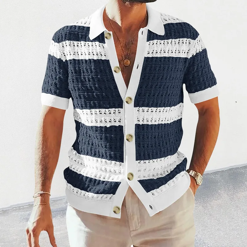Men's Short-Sleeved Lapel Sweater 2023 Summer New Color Hollow-Out Casual Plus-Size Top
