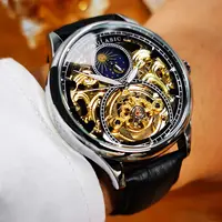 AOKULASIC Tourbillon Mens Watches Top Brand Luxury Skeleton Automatic Mechanical Watch Casual Leather Strap Business Wristwatch