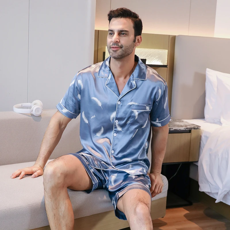 3-piece Pajamas Men's Ice Silk Thin Short Sleeved Shorts Long Pants Feather Print Summer Cardigan Sleepwear Home Clothing Set