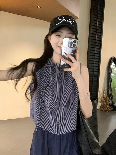 Blue Plaid Loose Trendy Sleeveless Vest Shirt Summer New