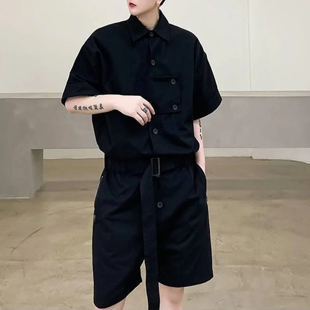 Men Y2k Street One Piece Workwear Rompers Japanese Cityboy Tracksuits Summer Male Short Sleeve Shorts Genderless Cargo Jumpsuits