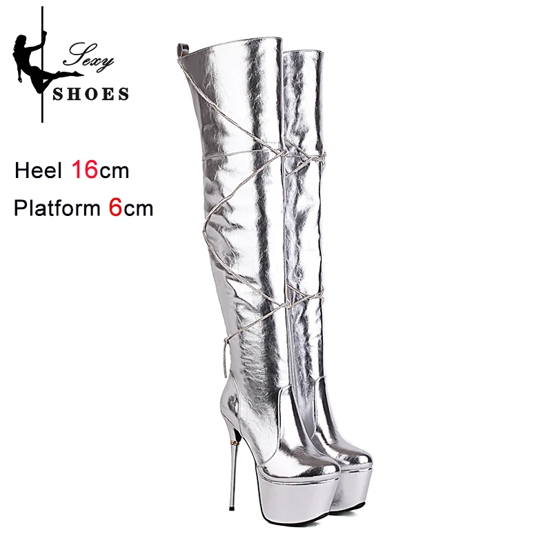 Women Platform Over The Knee Boots Black Autumn Winter Lady Shoes Rhinestone Stiletto Heels Plus Size Stripper Long Boots Femme