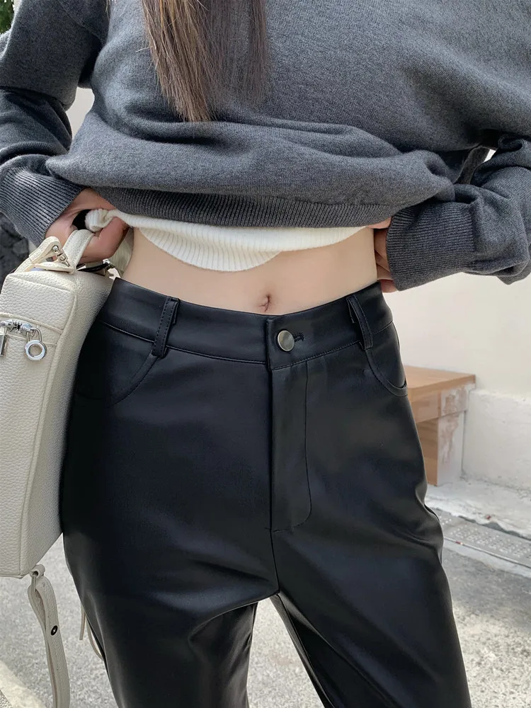 Women's Brown Pu Leather Flared Pants, Streetwear, High Waisted, Vintage, Slim Trousers, Ladies Fashion, Fall Clothes, Y2k,