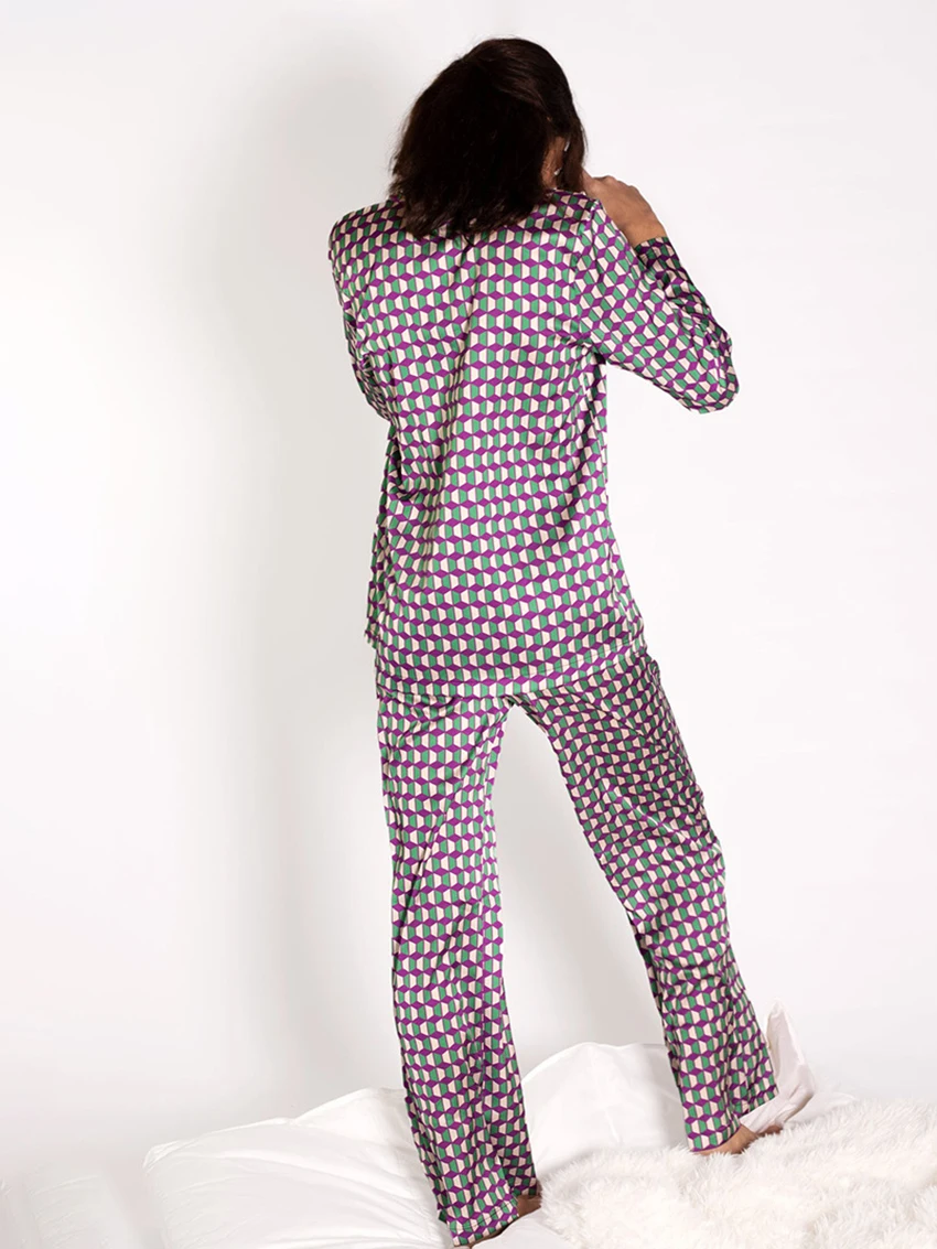 Marthaqiqi Printing Female Home Clothes Sexy Turn-Down Collar Nightgowns Long Sleeve Sleepwear Pants Loose Ladies Pajamas Suits