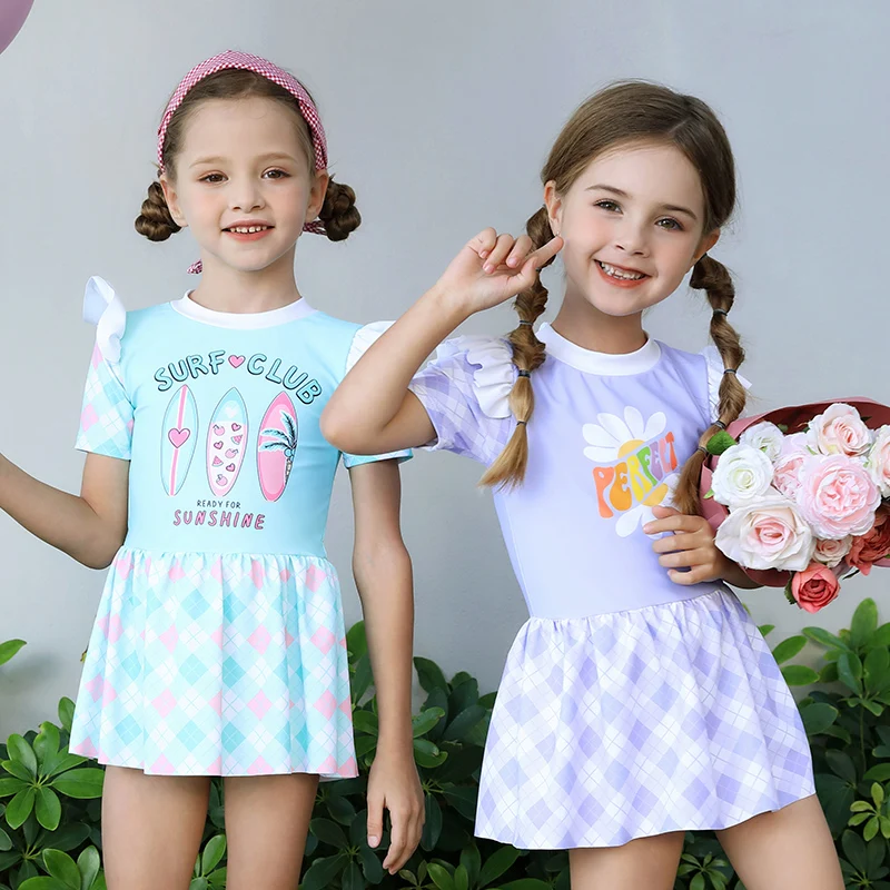 Children's swimsuit girls' new cute plaid princess skirt style split girl small, medium and small children's baby swimsuit