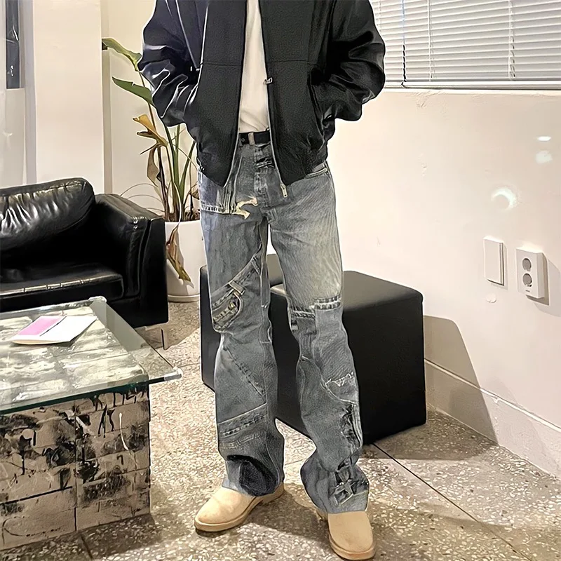 

Legacy Denim Jeans Digital Patchwork Print Mid-Rise Fashionable Straight Loose Casual Vintage Stylish Trousers Luxury Quality