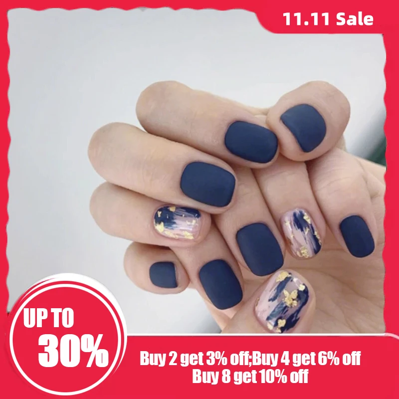 24pcs/box Blue Dye With Sequins Decorated Press On Nail Tips Frosted Square  Head Short Wearable Full Cover Fake Nails With Glue - False Nails -  AliExpress