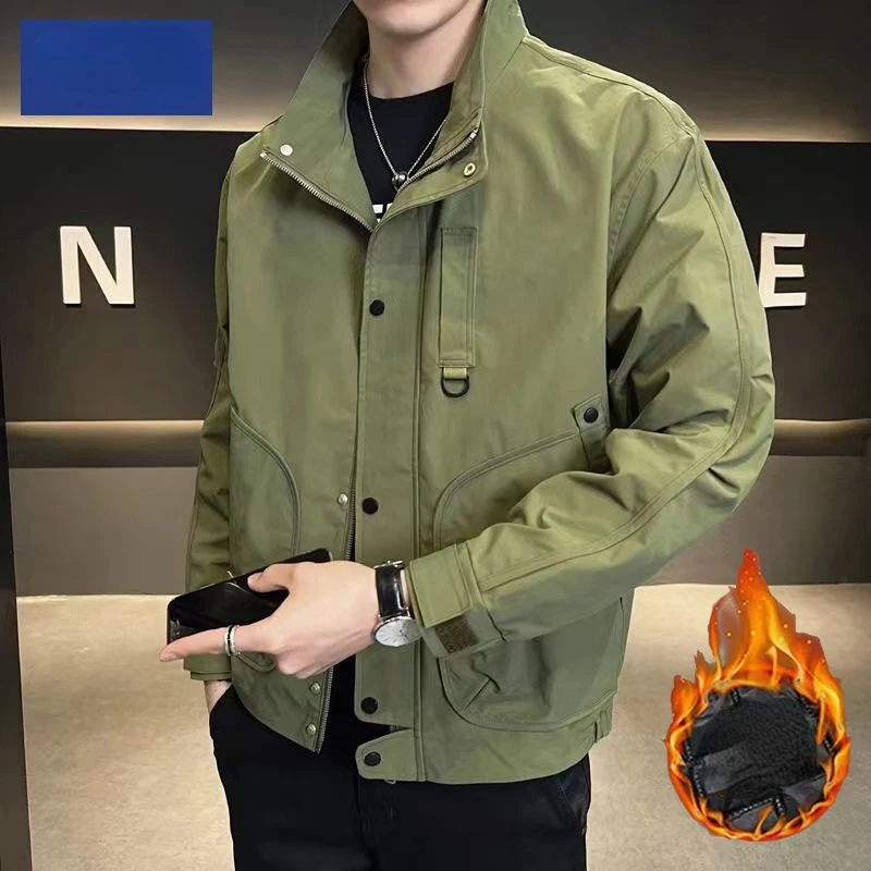 Men Clothes Autumn Winter Bomber Jacket Cotton-padded Jacket Zipper Pocket Military Windbreaker Stand-up Collar Coats Korean Top