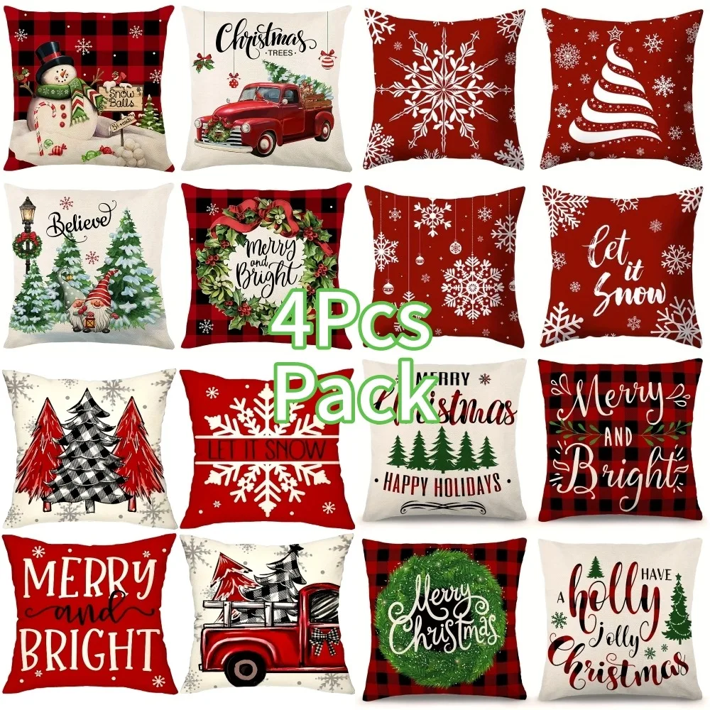 Description Picture 2 of item4pcs, Red Christmas Pillow Covers Christmas Decor Wreath Santa Claus Tree Holly Jolly Winter Holiday Decor Cushion Case For Home
