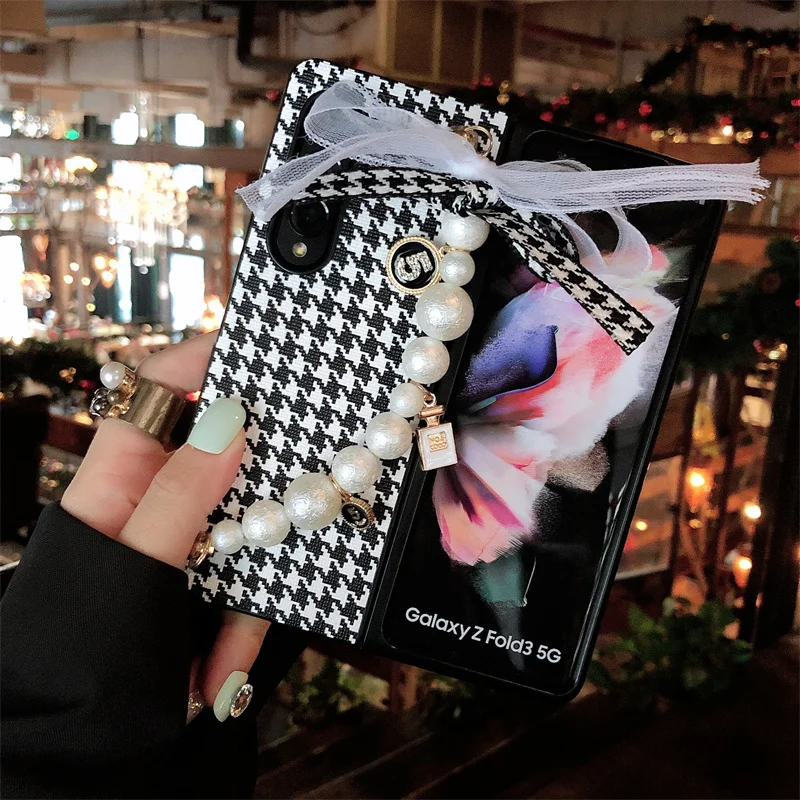 3D Camellia PU Leather Houndstooth Pattern Phone Cover For Samsung