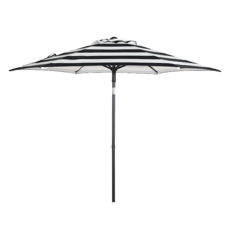 

7.5 Foot Push-Up Round Market Umbrella Black & White Cabana Stripe with Push Button Tilt/Crank, 6 Ribs