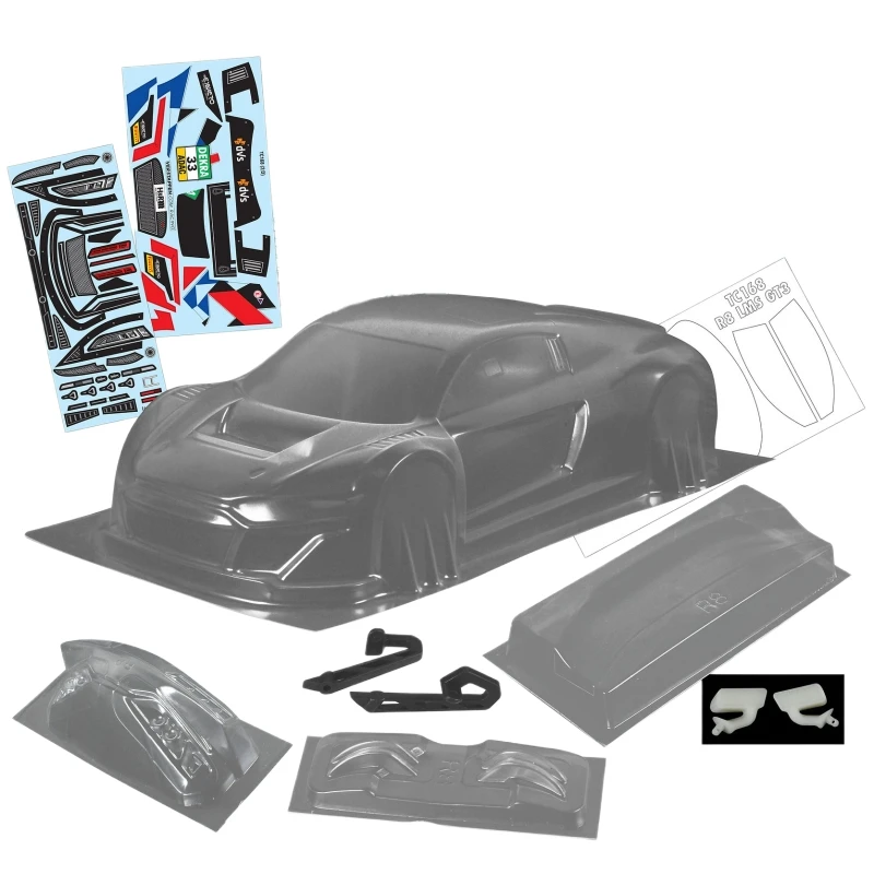 

TC168 1/10 R8 LMS GT3 Clear body shell and rear spoiler + Light Buckles, Rear Mirrors for On road car 257mm Tamiya tt02 chassis