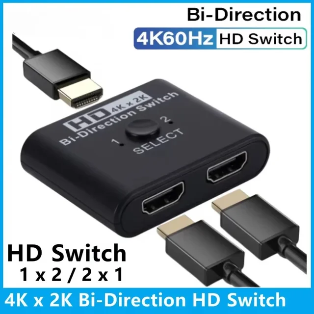 4K 60Hz HDMI Bi-Directional Switch 2x1 Splitter 2 Ports Input 1 Output For PC Laptop Monitor TV Projector Audio Video Converter 1