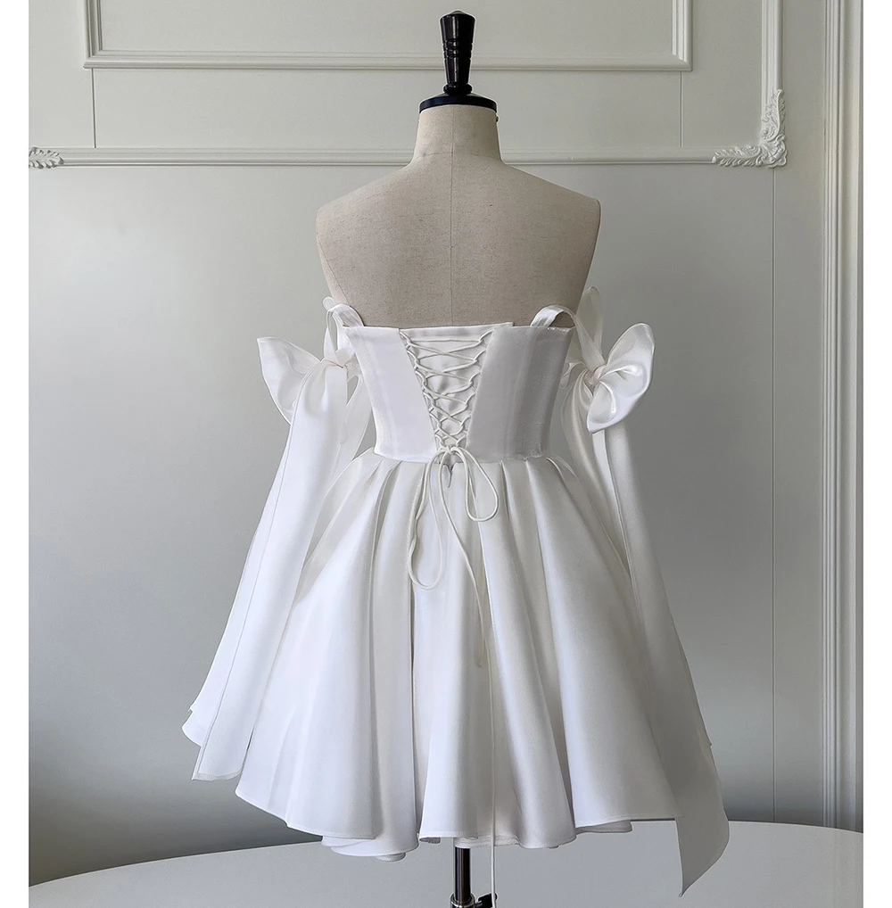 White Satin Bow Spaghetti Straps Cocktail Dress Detail 5