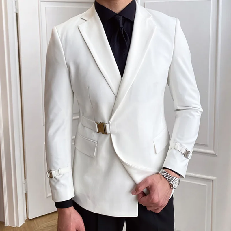 Solid Metal Buckle Decoration Blazer For Men Party Wedding Banquet Blazer Italian Designer Suit Jacket Slim Fit Homme