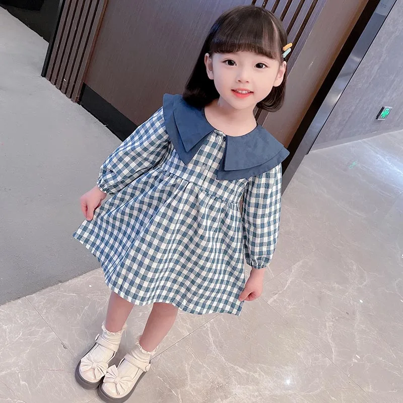 best baby dresses New Spring Autumn Korean Style Sweet and Lovely Lapel Plaid Pattern Long Sleeves Girls Princess Dress Children Dresses fashion baby girl skirt Dresses