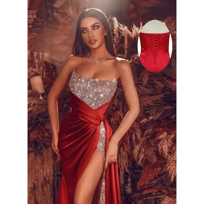 PuTao Glitter Sequin Prom Dresses Satin Mermaid Slit Bridesmaid Dress Sparkly Stretch Long Formal Wedding Gown Evening Dresses