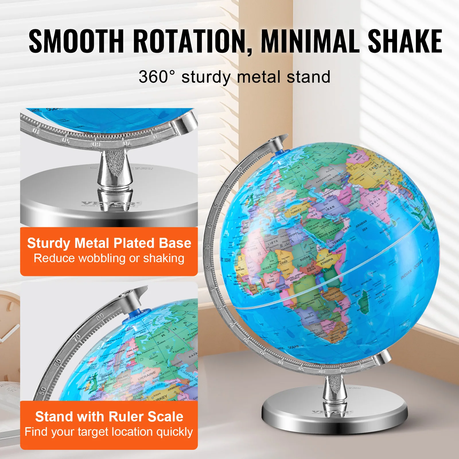 Rotating World Globe with Stand 8 in/203.2 mm Precise Time Zone ABS Material 360&deg; Spinning for Kids Geography Education SucceBuy