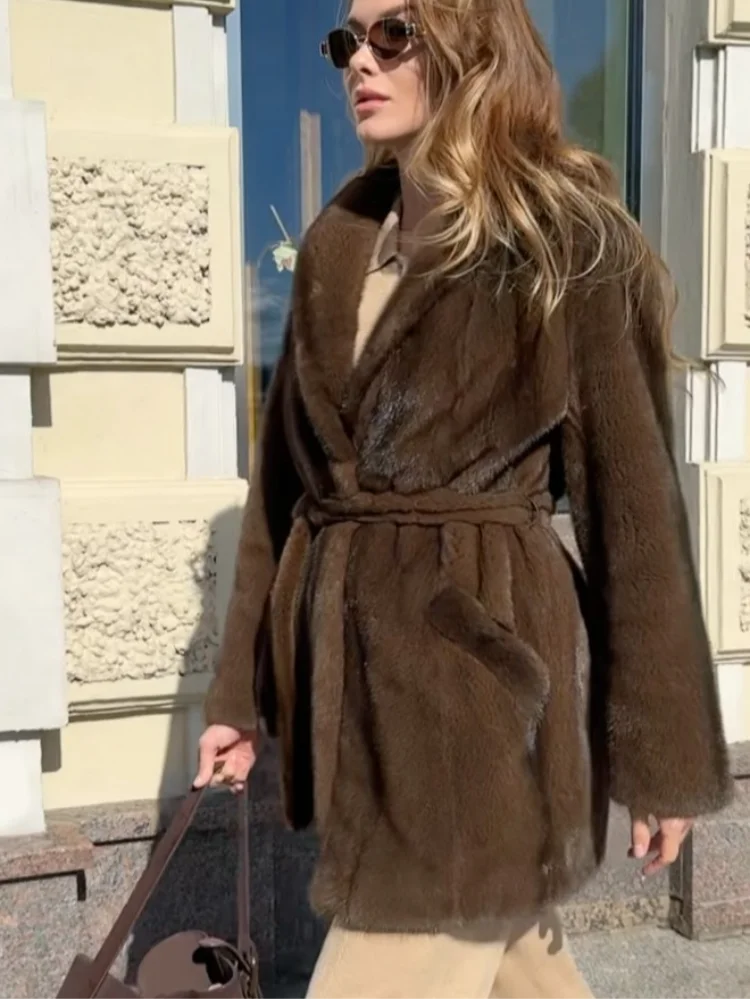 Elegant Lace Up Faux Fur Coat Women Fashion V-neck Long Sleeve Loose Plush Jacket 2025 Winter Lady Warm Daily Commute Outwear 5