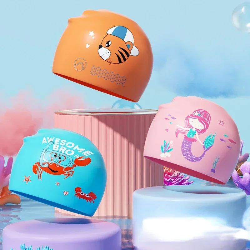 Swimming Cap New Cartoon Cute Children's Silicone Swimming Cap Boys Girls Professional Ear Protection Swim Cap for Kids Children Swmming Hat