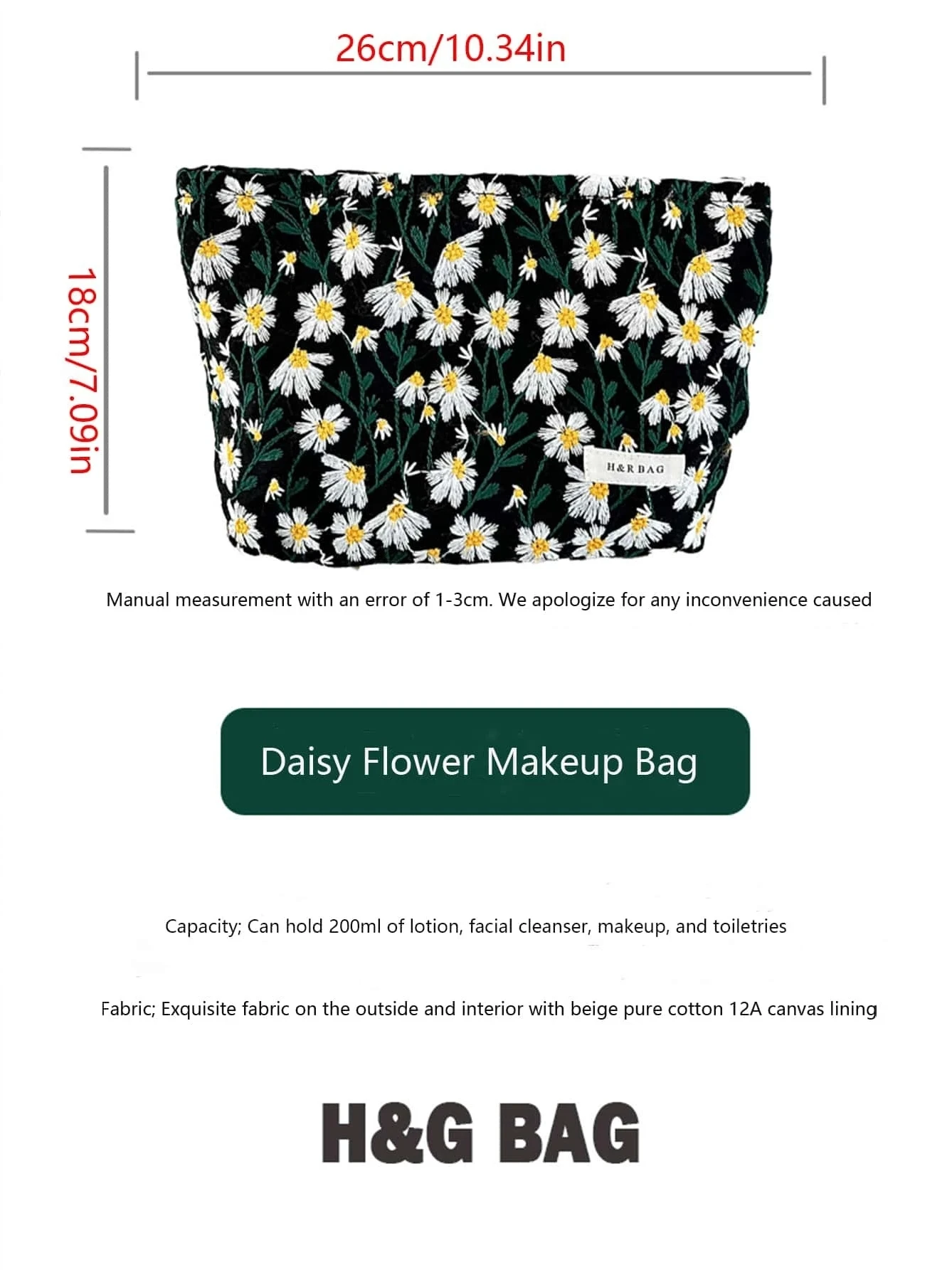 Embroidered Daisy Flower Floral Cosmetic Bag Portable Travel Bag Carry On Makeup Bag Skin Care Bag Toilet Bag Gift Box Women 6