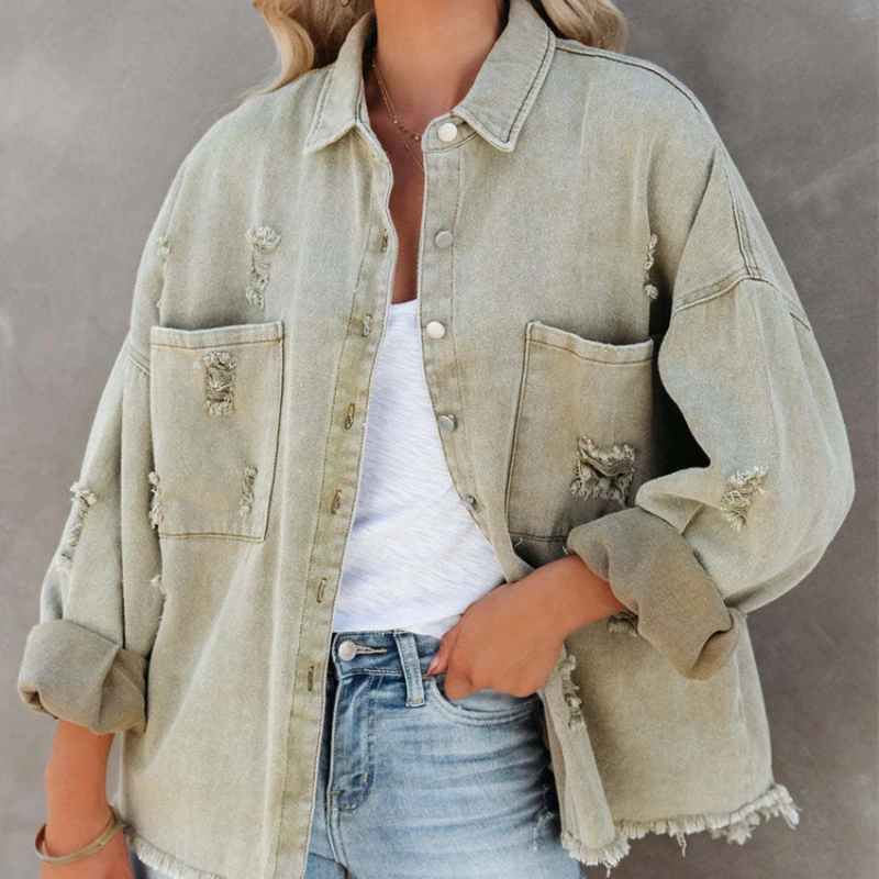 2023 New Autumn Denim Jacket Ladies Casual Coat Women Jean Outerwear Turn-down Collar Holes Long-sleeve Shirt Style Loose Tops fashion broken holes solid color denim jacket ladies comfortable casual loose button cardigan coat streetwear women s outerwear