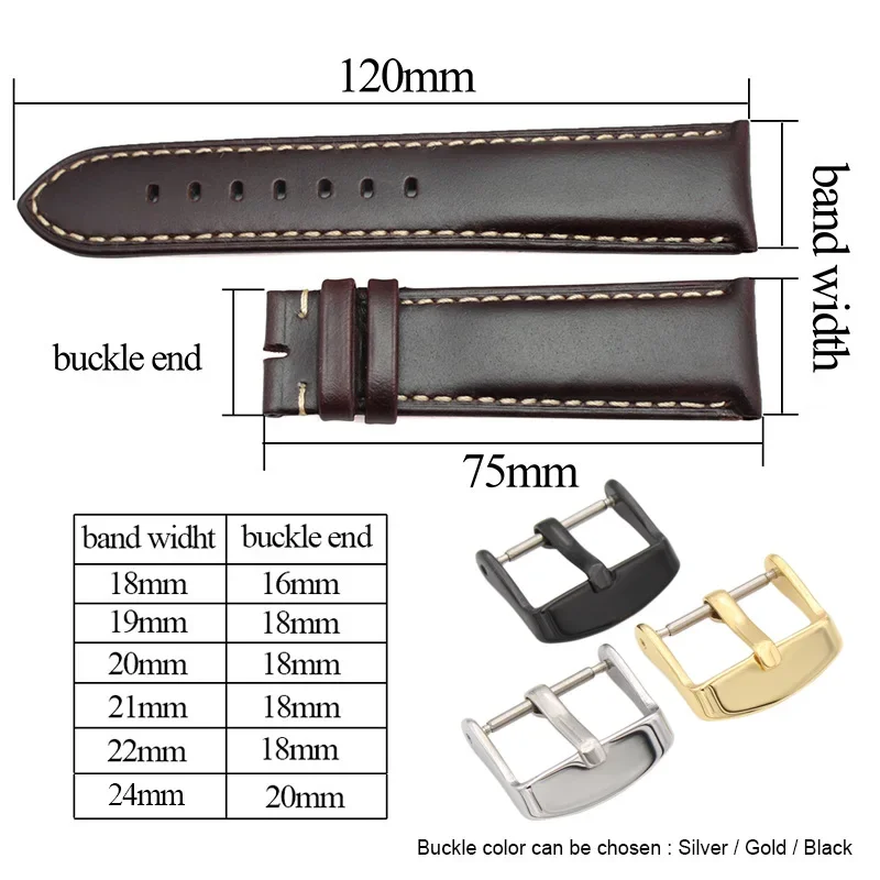 Elegant Vintage Genuine Leather Watch Band with Steel Pin Buckle - Multiple Sizes & Colors Available