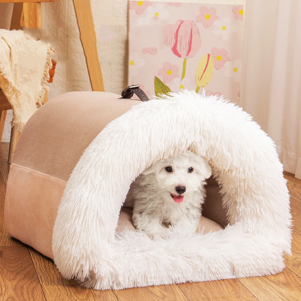 2024 Portable Dog Beds Long Plush Cat Nest Winter Dog House for Small Dogs Kitten Bed Antiskid Dog Nest Cat Keep Warm Bed