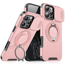 Heavy - Duty Rugged Magnetic Stand Case with Slide Camera Protection - iPhone 15 (Pink)