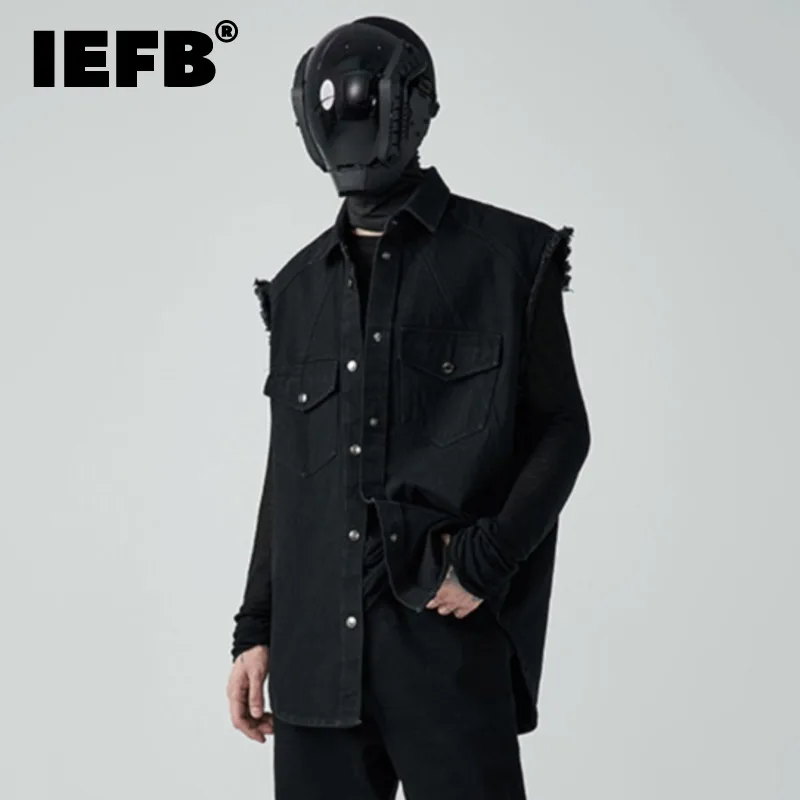 

IEFB High Street Men's Sleeveless Denim Top Loose Vintage Vest Loose Coat Solid Color Turn-down Collar New Fashion Vests 9A7964