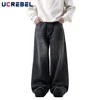Retro Black Gray Jeans Mens Spring Fleece Washed Distressed High Street Loose Straight Wide Leg Denim Pants Men 1