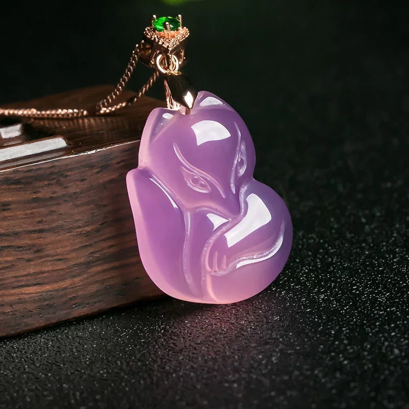 Natural Purple Agate Fox Pendant Necklace Jewellery Fashion Accessories Hand-carved Man Woman Lucky Amulet Sweater Chain